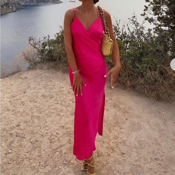 NWT hot pink satin midi wrap dress ZARA Barbiecore - Picture 2 of 12